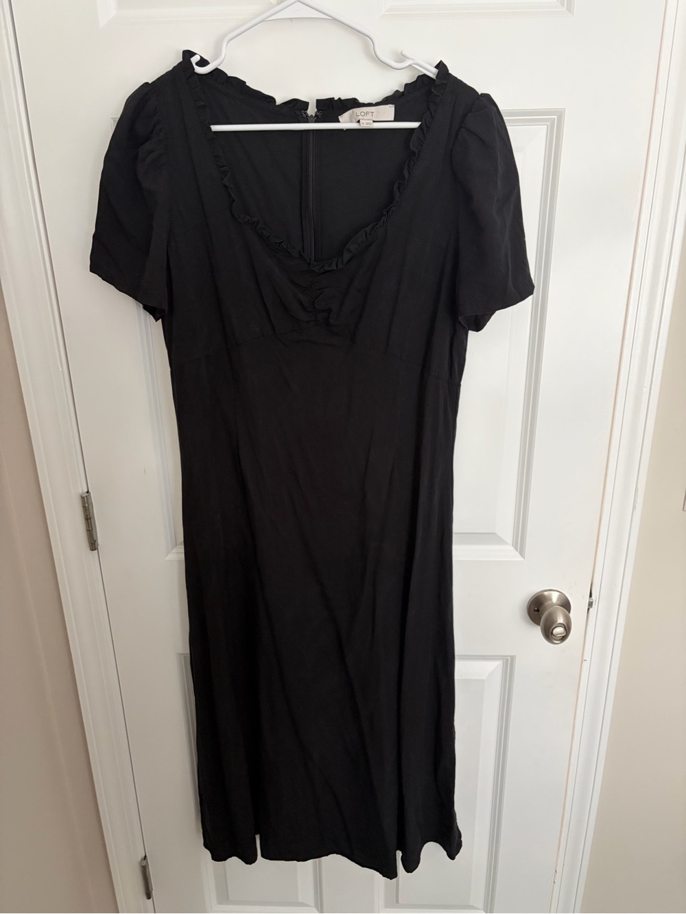 Ann Taylor LOFT Black Ruffle-Trim Sweetheart Midi Dress with Short Sleeves and